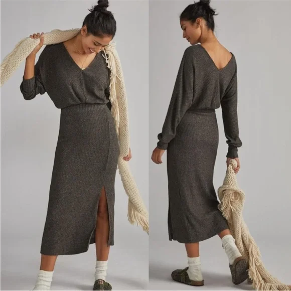 ANTHROPOLOGIE Daily Practice Dress Size Large Barre Midi Ribbed Long Sleeve - Picture 1 of 11